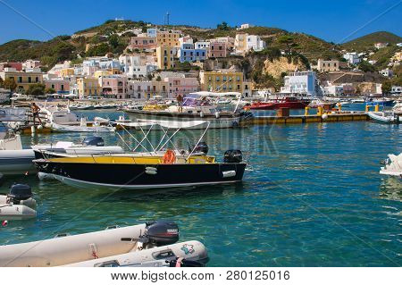 Ponza, Italy - September 9, 2018: Harbor With Boats In The Colored City Of Ponza, Tyrrhenian Sea, La