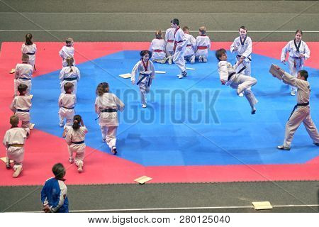 ST. PETERSBURG, RUSSIA - OCTOBER 17, 2015: Demonstration performance during the martial arts festival Baltic Sea Cup in Sibur Arena. The festival is organized by martial arts school of Demid Momot