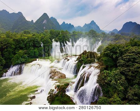 Ban Gioc Detian Waterfall On The Border Between China And Vietnam Aerial View