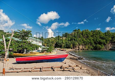 Boats On Sea Beach In Fishing Village Of Castries, St.lucia. Fishing And Recreation On Tropical Isla