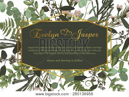 Vector Polygonal Gold Frame With Leaves Of A Forest Fern, Boxwood, Brunia And Eucalyptus Branches On