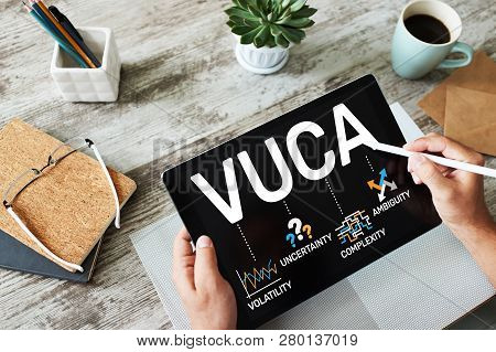 Vuca World Concept On Screen. Volatility, Uncertainty, Complexity, Ambiguity.