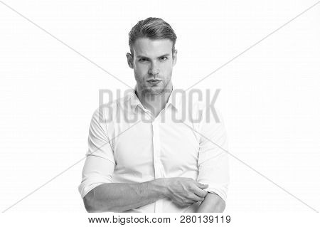Man Well Groomed Unbuttoned White Collar Elegant Shirt Isolated White Background. Macho Confident Re