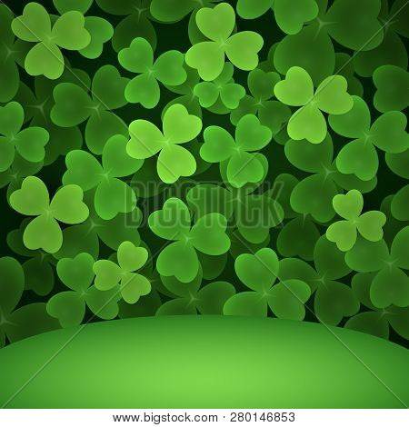 Shamrock Field Background. Green Leaves Of Clover And Hill. Can Be Used For Topics Like Symbol Of Ir