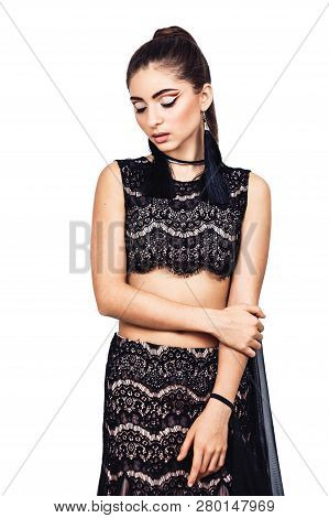 Graceful Young Girl Bellydancer With Oriental Make-up Posing In A Costume Of Raqs Sharqi. Isolated O