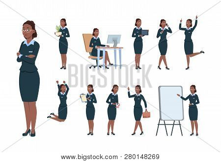 Business Woman Character. Afro-american Office Professional Worker Female In Different Poses Of Acti