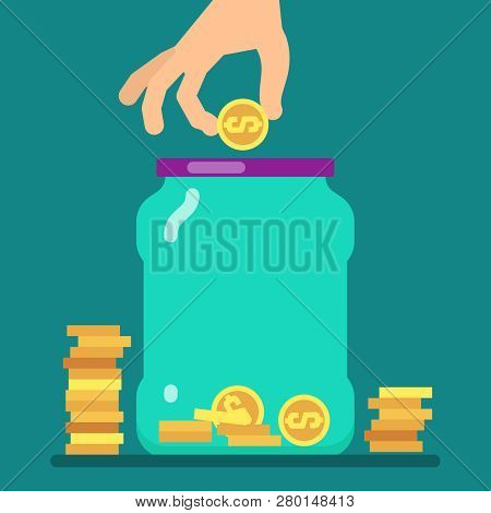 Flat Money Saving Concept With Golden Coins And Jar Vector Illustration. Illustration Of Save Dollar
