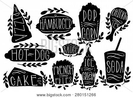 Fastfood Set Vector Illustration. Shape Text Pizza,hamburger,hotdog,popcorn,sausage,frie,icecream,so