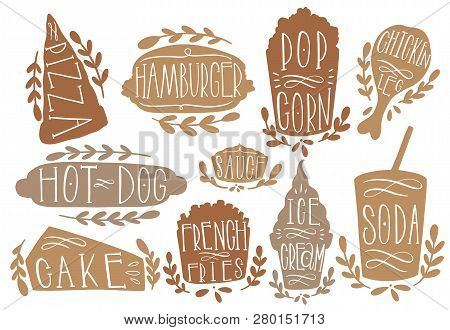 Fastfood Set Vector Illustration. Shape Text Pizza,hamburger,hotdog,popcorn,sausage,frie,icecream,so