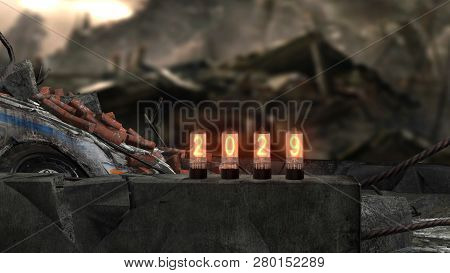 Inscription 2029 Burns On Old Television Lamps Against The Backdrop Of The Devastation Of The Apocal