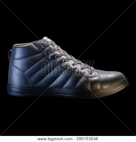 3d Realistic Render Of A Shoe In Dark Color, With A Black Background