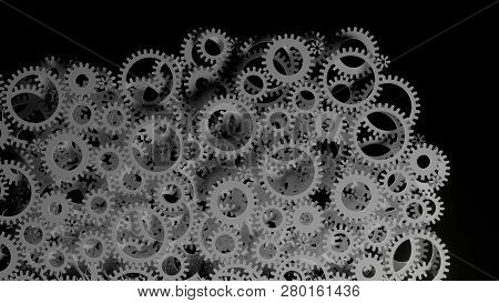 Abstract Background Consisting Of White Gears On Dark. 3d Illustration. Infustrial Design Background