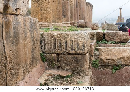 Jerash, Jordan, December 08, 2018 : Cardo Maximus Street Leading From Oval Plaza In The Great Roman 