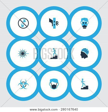Sign Icons Colored Set With Step Down, Respirator, Non Potable Water And Other Stepladder Elements. 