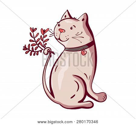 Cute Happy Cat Character Holding Flower With Lettering Calligraphy Text. Hand Drawn, Vector Romantic