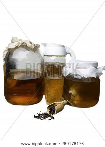 Fermented Drink, Tea Healthy Natural Probiotic In A Glass Jar.