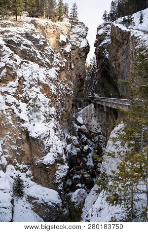 Sinclair Canyon In Radium Hot Springs In Kootenay National Park, During Winter, With A View Of A Sma