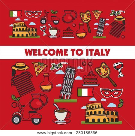 Italian Symbols And Text Sample In Block Poster With Headline.
