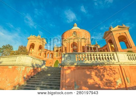 Entrance Of Sanctuary Of Madonna Di San Luca In A Sunny Day With Blue Sky. Basilica Church Of San Lu