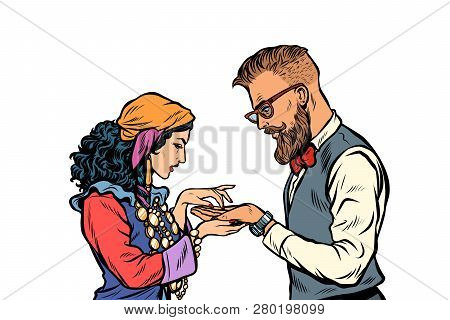 Gypsy Palmist And Hipster. Isolate On White Background. Pop Art Retro Vector Illustration Kitsch Vin