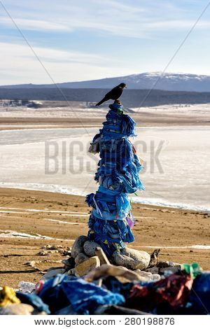 Sacred Place With Obo. Winter Landscape Of Mongolia. Lake Khubsugul And Mountain