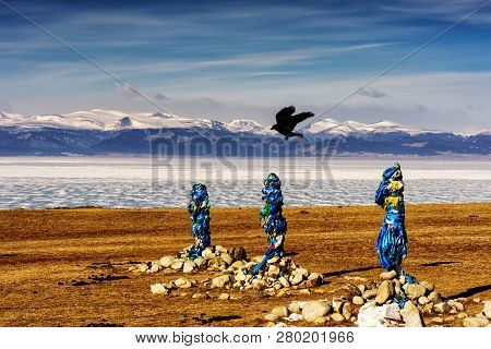 Sacred Place With Obo. Winter Landscape Of Mongolia. Lake Khubsugul And Mountain