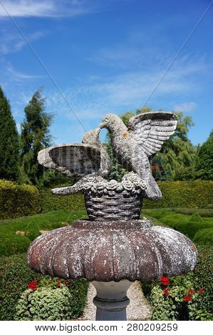 Dobrzyca, Poland - August 6, 2018: Pigeon Sculpture At The Hortulus Park.