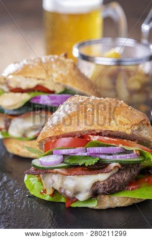 Home Made Hamburger With French Fries And Beer