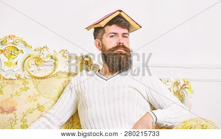 Overwork Concept. Macho Sits With Open Book On Head, Like Roof. Guy, Teacher Overdid With Teaching, 