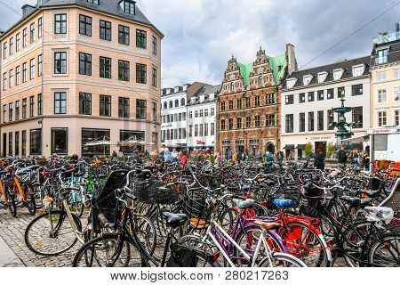 Copenhagen, Denmark - September 10 2018: Bicycles Parked Alongside The Stroget Shopping District, Th