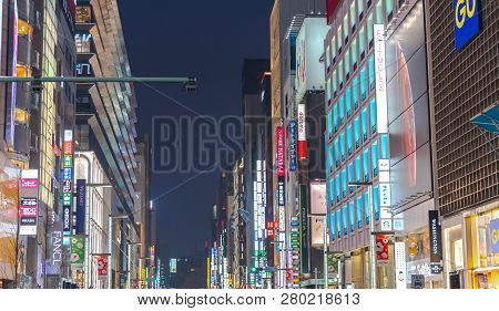 Ginza, Tokyo / Japan - December 22 2018 : Night View Of Ginza District, The District Has Famous Bran