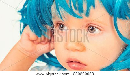 Funky Beauty. Small Child Wear Blue Wig Hair. Small Kid In Fancy Wig Hairstyle. Adorable Little Chil