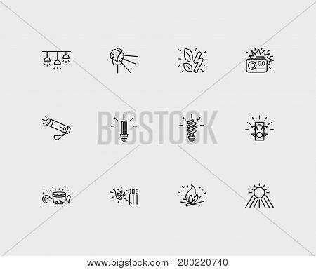 Lightning Icons Set. Pocket Torch And Lightning Icons With Sunlight, Camera Flash Light And Spotligh