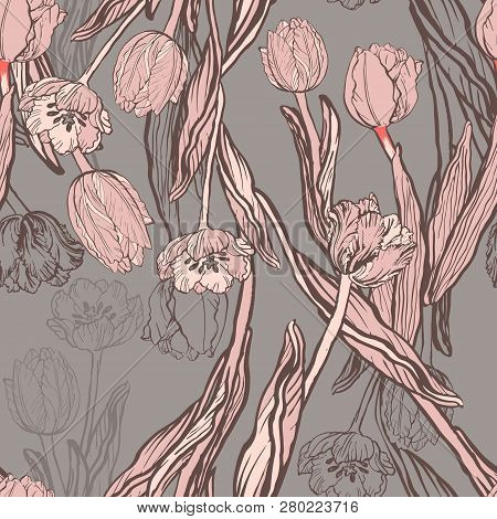 Beauteous Coral Tulips With Butterflies Seamless Pattern