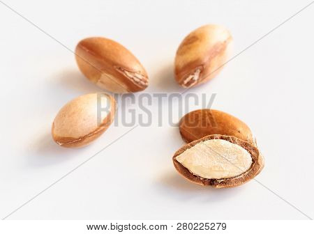 Argan Nuts. Seeds Of Argania Spinosa On White, A Close Up Isolated On White