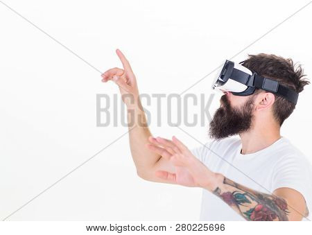 A Person In Virtual Glasses Flies In Room Space. Happy Bearded Man Wearing Virtual Reality Goggles W