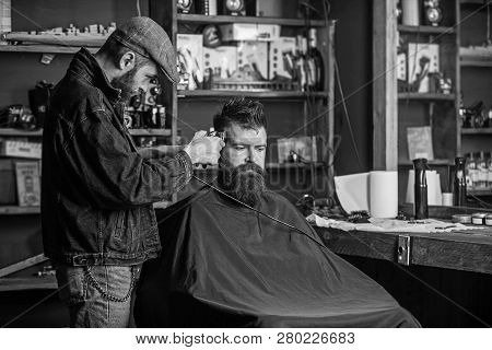 Barber With Clipper Trimming Hair On Temple Of Bearded Client. Barber With Hair Clipper Work On Hair