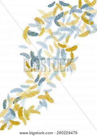 Fashoinable Silver Gold Feathers Vector Background. Bird Wing Plumage Boho Line Art. Falling Feather