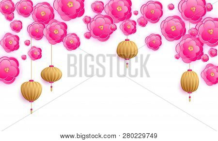 Hanging Lanterns And Paper Cut Flowers Chinese New Year Card Background Vector Design. Pink And Gold