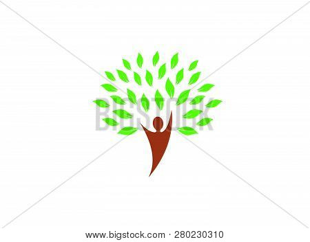 Tree Trunk With Head And Green Leaves Logo