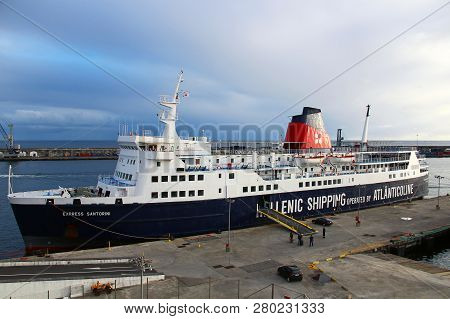 Ponta Delgada, Azores, Portugal - September 29, 2015: Passenger Ferry In The Port Of Ponta Delgada, 