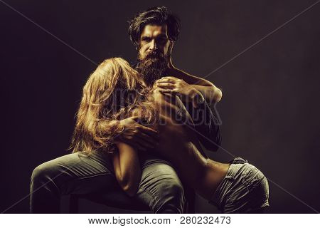 Bearded Handsome Man And Female Slim Flexible Body Of Young Pretty Sexy Woman Or Girl Topless With B