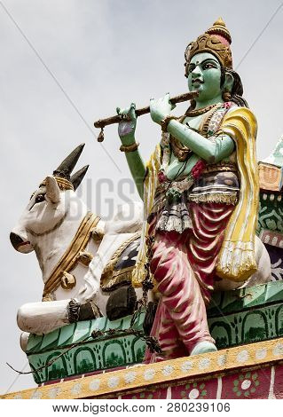 Madurai, India, Mar 10, 2018 - Close Detail Of Statues On Tranditional Hindi Temples In India