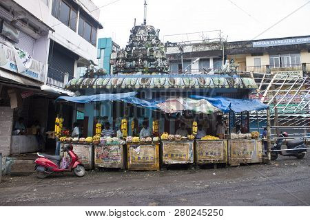 Port Blair, India - August 29: Merchants Sell A Sacred Flowers In Front Of A Hinduist Temple On Augu