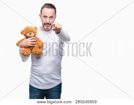 Middle age senior hoary man holding teddy bear over isolated background pointing with finger to the camera and to you, hand sign, positive and confident gesture from the front