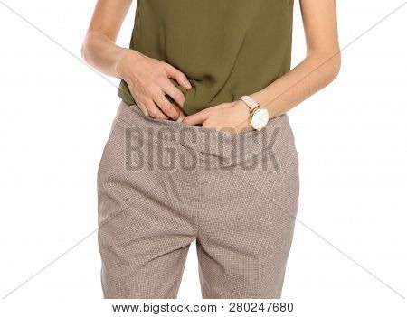 Young Woman Having Itch On White Background, Closeup
