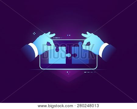 Mobile Application Testing, Connection Of Two Pieces Of Puzzle, Ux Ui Design Development Concept, Us