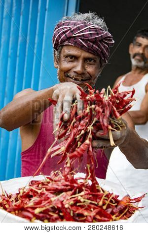 Tashkent, Uzbekistan - May 18, 2017: A Vendor Proudly Shows Off His Bag Of Red Jalepeno In India