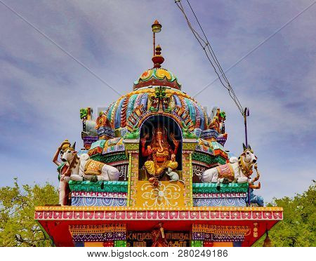 Madurai, India, Mar 10, 2018 - Close Detail Of Statues On Tranditional Hindi Temples In India