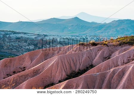 Amazing sunrise in Cappadocia mountains, Turkey. Landscape photography